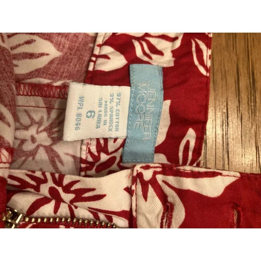 Jennifer Moore Women’s Red White Floral Twill Mini Skirt Zip Closure Size 6